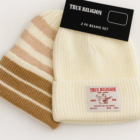 True Religion 2-Piece Beanie Set – Cream & Brown Striped Knit Hats | Unisex | Ne - Picture 1 of 4